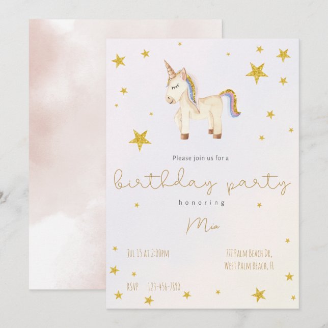 Cute whimsical Unicorn Gold Stars toddler birthday Invitation (Front/Back)