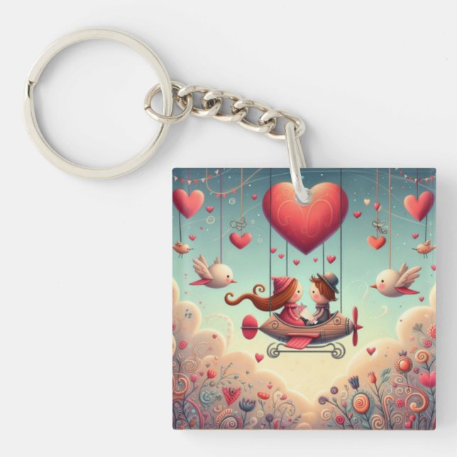 Cute whimsical Valentine's Day heart plane Key Ring (Front)