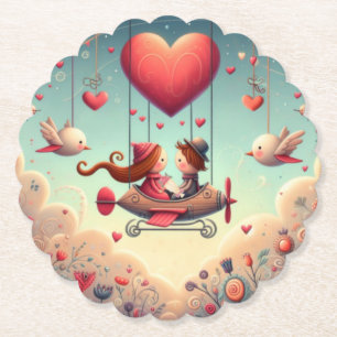 Cute whimsical Valentine's Day heart plane Paper Coaster
