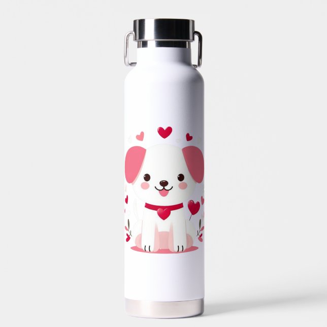Cute whimsical valentine's puppy water bottle (Front)