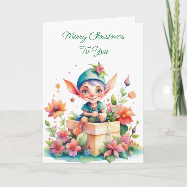 Cute Whimsical Watercolor Christmas Elf Card (Front)