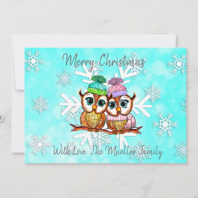 Cute Whimsical Watercolor Christmas Owls Holiday Card (Front)