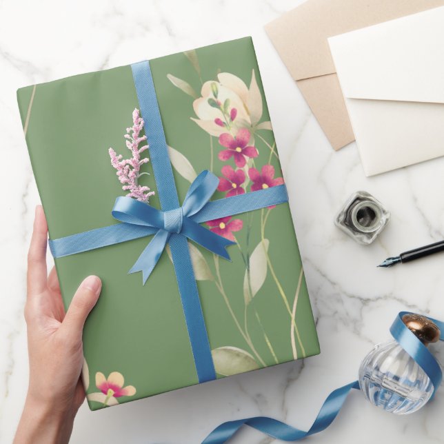Cute Whimsical Watercolor Floral Pattern Green Wrapping Paper (Gifting)