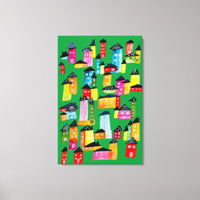 Cute whimsical watercolor houses canvas print (Front)