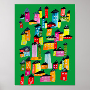 Cute whimsical watercolor houses poster
