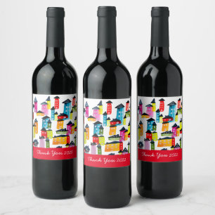 Cute whimsical watercolor houses wine label