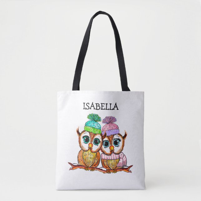 Cute whimsical Watercolor Owls Personalised Tote Bag (Front)