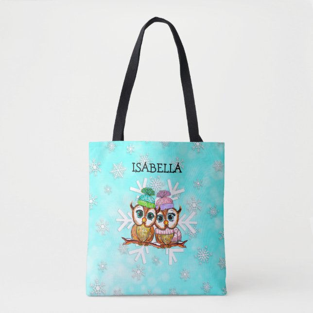 Cute whimsical Watercolor Owls Personalised Tote Bag (Front)