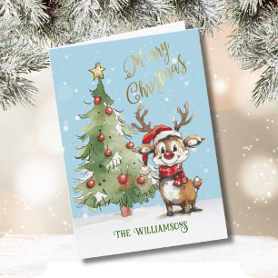 Cute Whimsical Watercolor Reindeer Christmas Tree Card