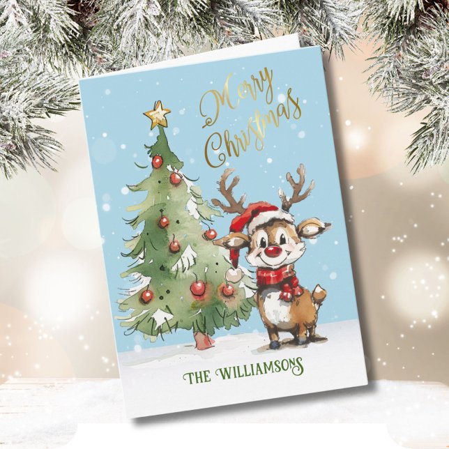 Cute Whimsical Watercolor Reindeer Christmas Tree  Card (Creator Uploaded)