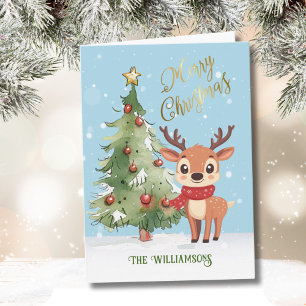 Cute Whimsical Watercolor Reindeer Christmas Tree  Card