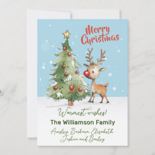 Cute Whimsical Watercolor Reindeer Christmas Tree Holiday Card