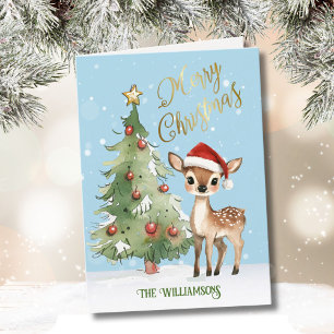 Cute Whimsical Watercolor Reindeer Christmas Tree Holiday Card