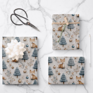 Cute Whimsical Winter Woodland Fox and Christmas Wrapping Paper Sheet