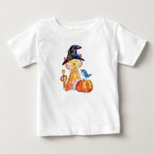Cute Whimsical Witch Cat with Pumpkin Baby T-Shirt