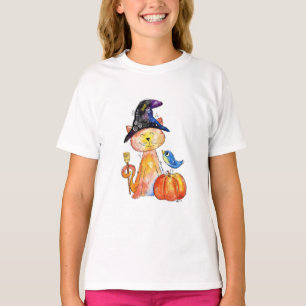 Cute Whimsical Witch Cat with Pumpkin T-Shirt