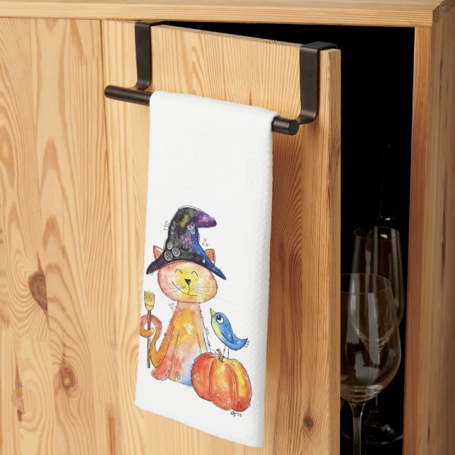 Cute Whimsical Witch Cat with Pumpkin Tea Towel (Thirds Fold)