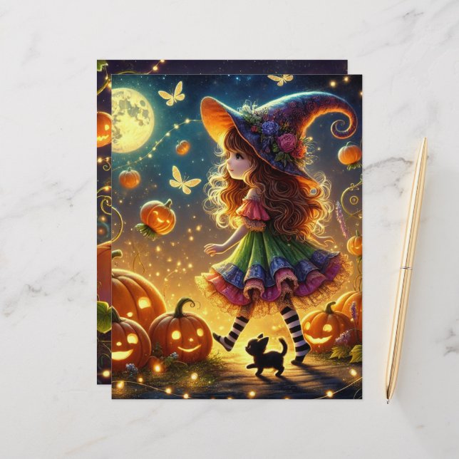 Cute Whimsical Witch Halloween Pumpkins Scrapbook (Front/Back In Situ)