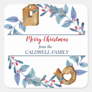 Cute Whimsical Wood Bird House Holiday Wreath Square Sticker