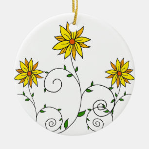 Cute Whimsical Yellow Flowers Doodle Art Ceramic Tree Decoration