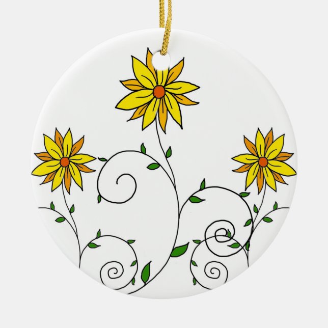 Cute Whimsical Yellow Flowers Doodle Art Ceramic Tree Decoration (Front)
