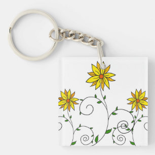 Cute Whimsical Yellow Flowers Doodle Art Key Ring