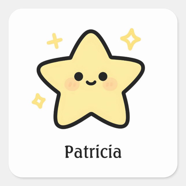 Cute whimsical yellow kawaii star monogram square sticker (Front)