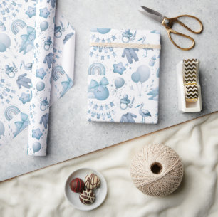 Cute Whimsy Baby Shower Blue Wrapping Paper Roll