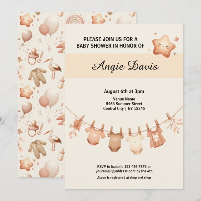 Cute Whimsy Baby Shower Clothes Line Invitation (Front/Back)