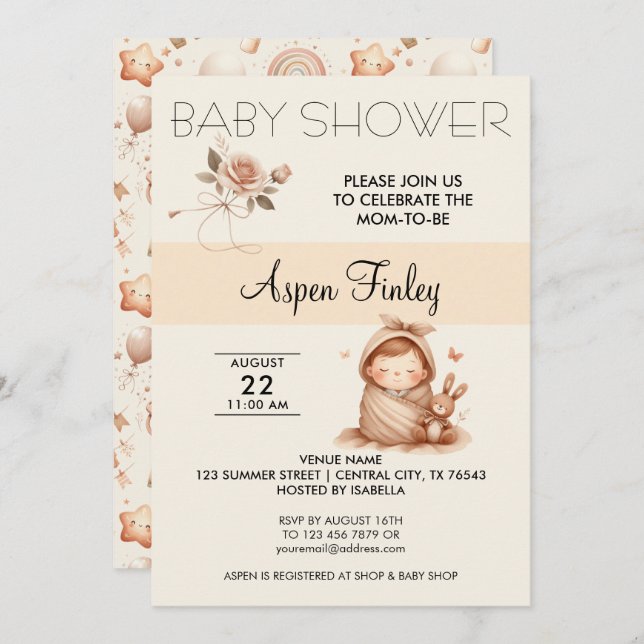 Cute Whimsy Baby Shower - Rose Invitation (Front/Back)
