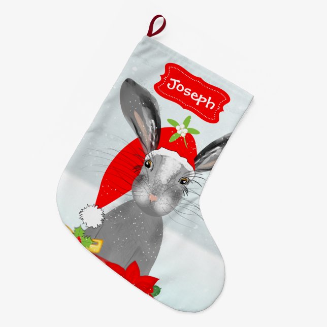 Cute Whimsy Christmas Bunny Rabbit Peronalized Large Christmas Stocking (Front (Hanging))