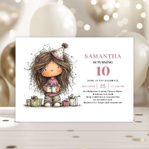 Cute Whimsy Girl 10th Birthday Invite Pink