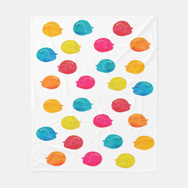 Cute Whimsy Modern Colourful Sleep Cats Watercolor Fleece Blanket (Front)