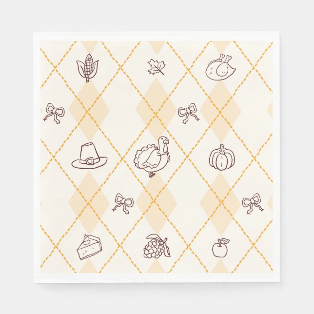 Cute Whimsy Thanksgiving Doodles Diamond Pattern Napkin (Front)
