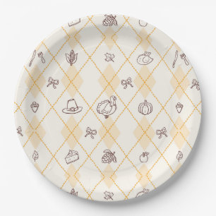 Cute Whimsy Thanksgiving Doodles Diamond Pattern Paper Plate