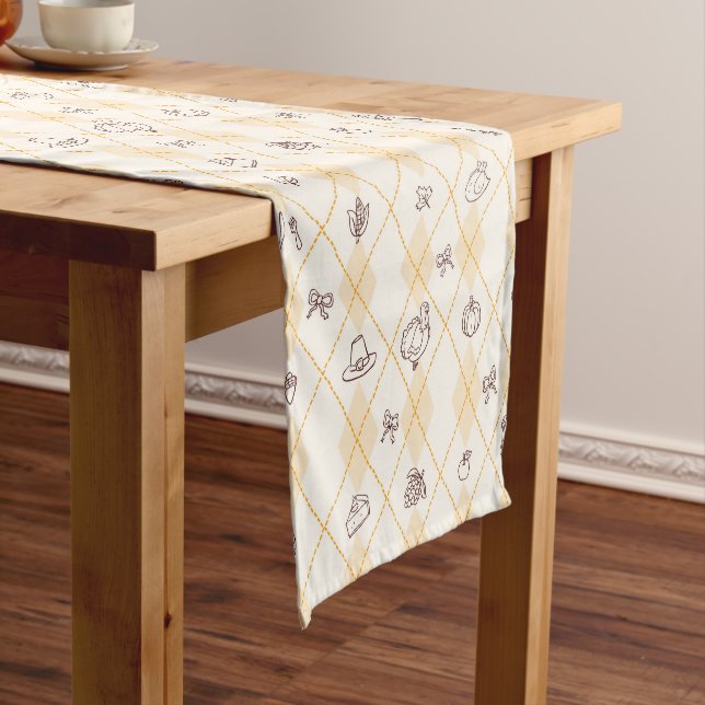 Cute Whimsy Thanksgiving Doodles Diamond Pattern Short Table Runner (In Situ)