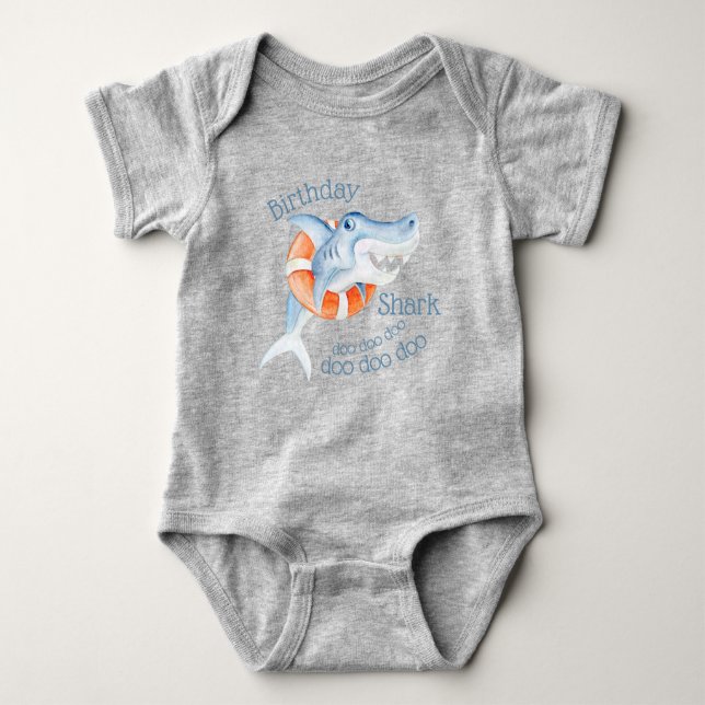 Cute whimsy watercolor baby birthday  shark bodysuit (Front)