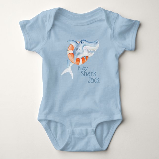 Cute whimsy watercolor baby shark lifesaver bodysuit (Front)