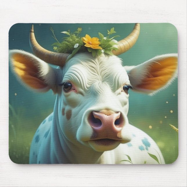 Cute White Ai Cow with Horns and Flowers Mouse Pad (Front)