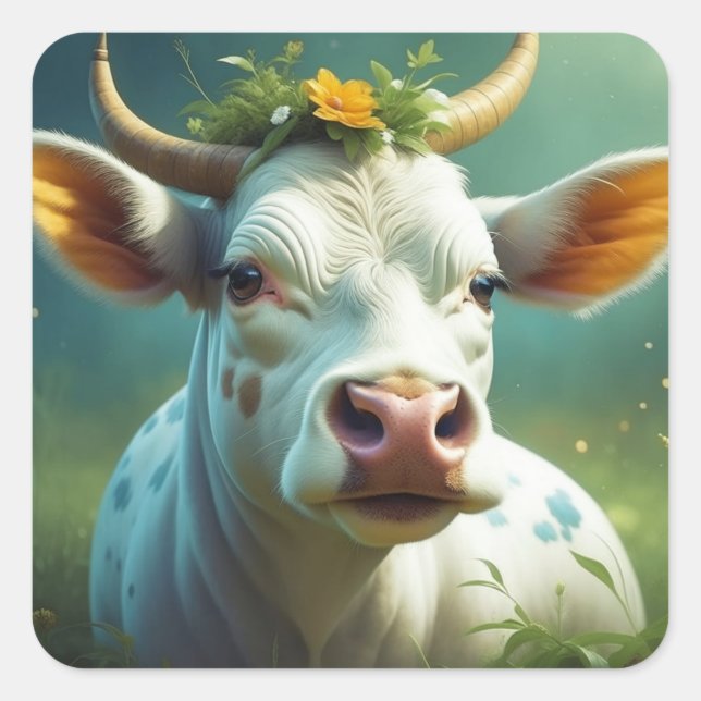 Cute White Ai Cow with Horns and Flowers Square Sticker (Front)