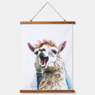 Cute white alpaca singing through microphone hanging tapestry