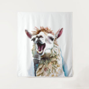 Cute white alpaca singing through microphone tapestry