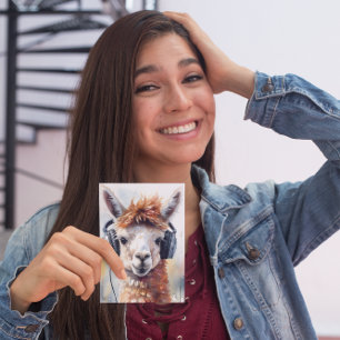 Cute white alpaca wearing headphones invitation