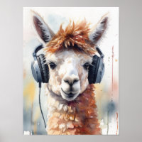 Cute white alpaca wearing headphones
