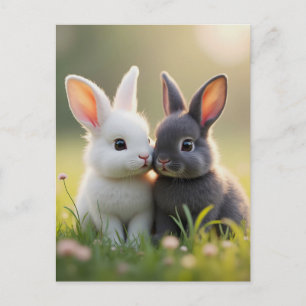 Cute white and black baby bunnies in a meadow, postcard