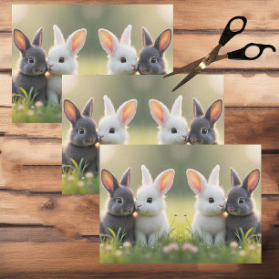 Cute white and black baby bunnies in a meadow, tissue paper