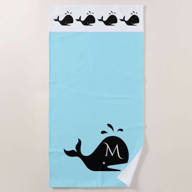 Cute White and Blue Custom Initial Black Whale Beach Towel (Front)