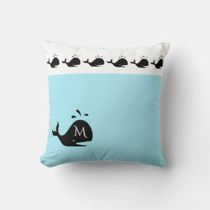 Cute White and Blue Custom Initial Black Whale Cushion
