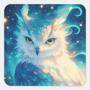 Cute White and Blue Fantasy Owl with Yellow Eyes Square Sticker