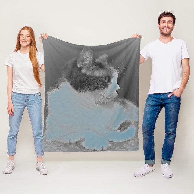 Cute White and Grey Cat Profile Picture Fleece Blanket (In Situ)